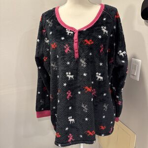 Muk Luks Fleece New Women's 1x Top Pajamas Reindeer Black Pink Red